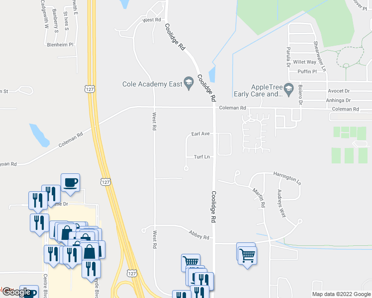 map of restaurants, bars, coffee shops, grocery stores, and more near Earl Avenue in East Lansing