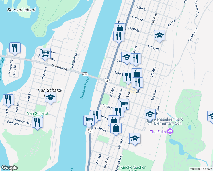 map of restaurants, bars, coffee shops, grocery stores, and more near 11 112th Street in Troy