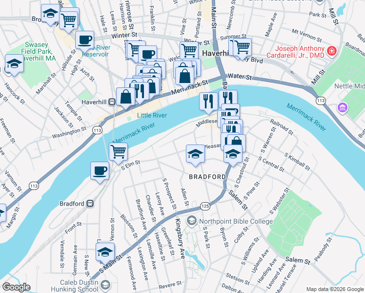 map of restaurants, bars, coffee shops, grocery stores, and more near 117 South Pleasant Street in Haverhill