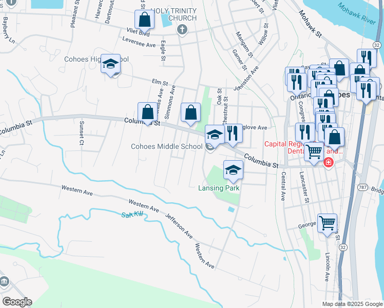 map of restaurants, bars, coffee shops, grocery stores, and more near 24 Amity Street in Cohoes