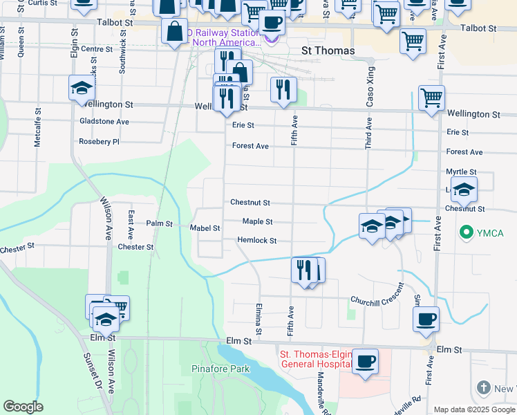 map of restaurants, bars, coffee shops, grocery stores, and more near 33 Chestnut Street in St. Thomas