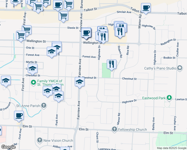 map of restaurants, bars, coffee shops, grocery stores, and more near 278 Chestnut Street in Saint Thomas