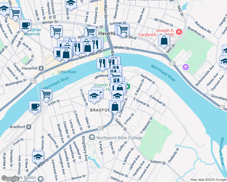 map of restaurants, bars, coffee shops, grocery stores, and more near 16 South Pleasant Street in Haverhill