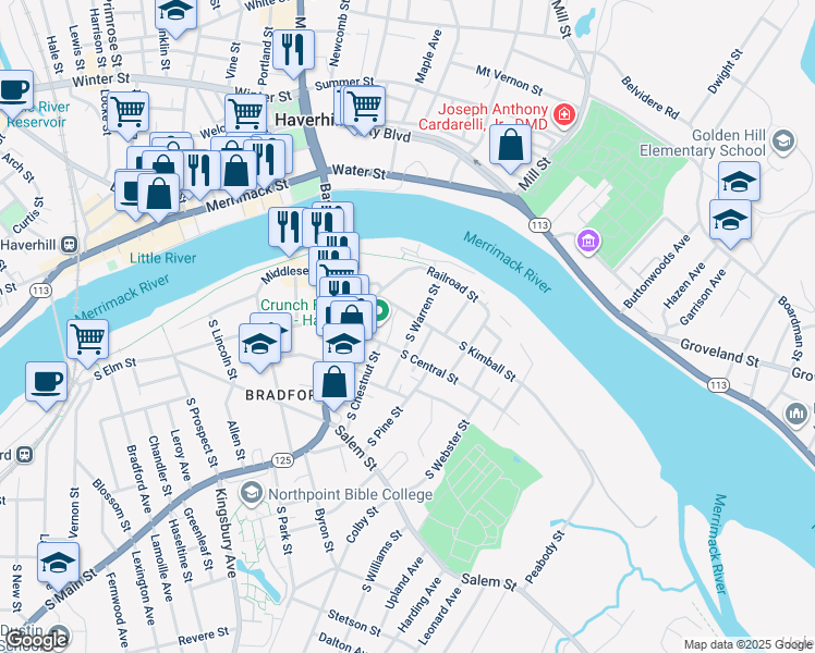 map of restaurants, bars, coffee shops, grocery stores, and more near 12 South Kimball Street in Haverhill