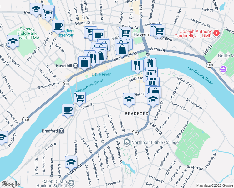 map of restaurants, bars, coffee shops, grocery stores, and more near 94 Middlesex Street in Haverhill