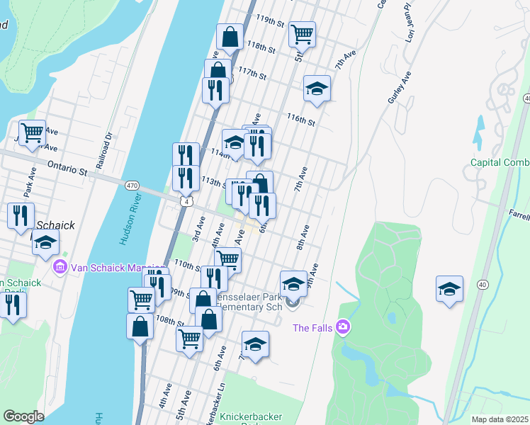 map of restaurants, bars, coffee shops, grocery stores, and more near 44 113th Street in Troy