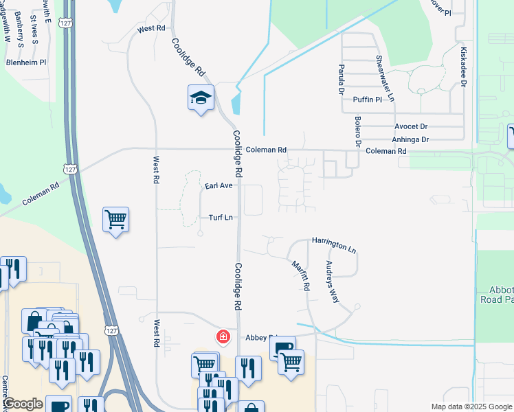 map of restaurants, bars, coffee shops, grocery stores, and more near 3500 Coolidge Road in East Lansing
