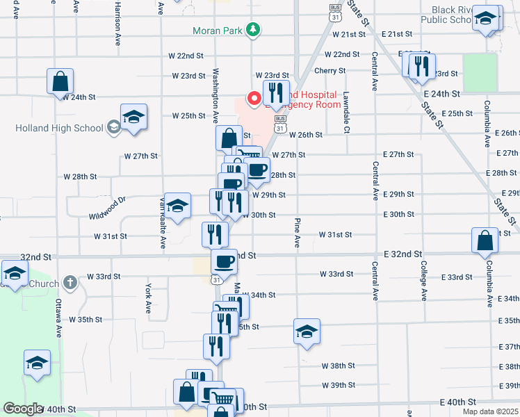 map of restaurants, bars, coffee shops, grocery stores, and more near 140 West 29th Street in Holland