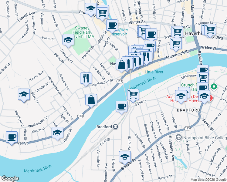 map of restaurants, bars, coffee shops, grocery stores, and more near 72 River Street in Haverhill
