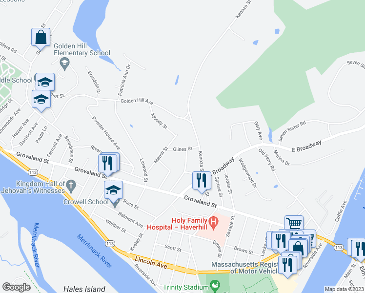 map of restaurants, bars, coffee shops, grocery stores, and more near 23 Glines Street in Haverhill