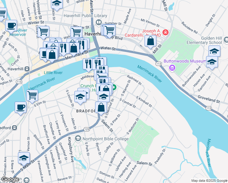 map of restaurants, bars, coffee shops, grocery stores, and more near 3 South Central Street in Haverhill