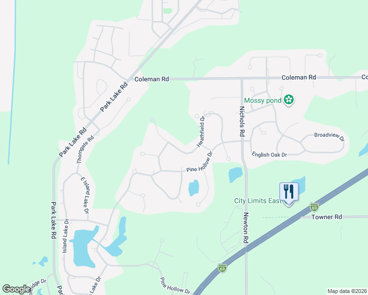 map of restaurants, bars, coffee shops, grocery stores, and more near 6231 Heathfield Drive in East Lansing