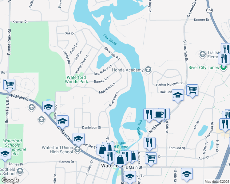 map of restaurants, bars, coffee shops, grocery stores, and more near 4106 Riverside Road in Waterford