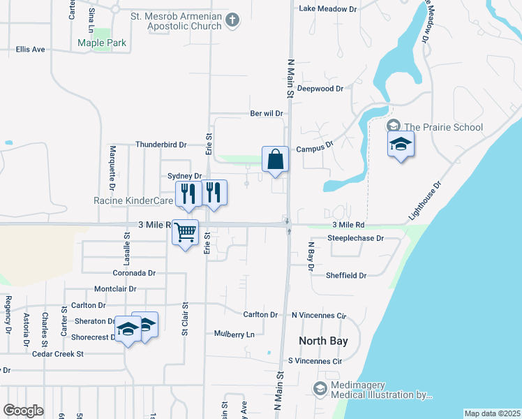 map of restaurants, bars, coffee shops, grocery stores, and more near 420 3 Mile Road in Racine