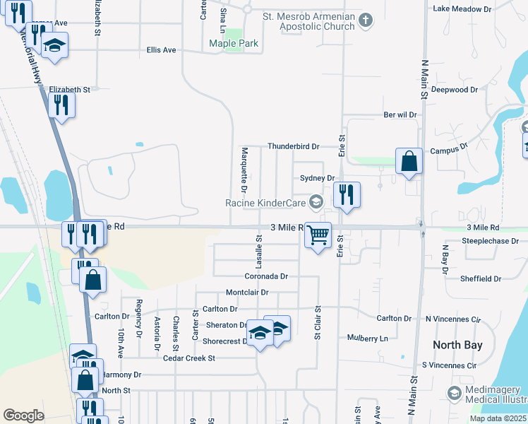 map of restaurants, bars, coffee shops, grocery stores, and more near 1000 Mayfair Drive in Racine