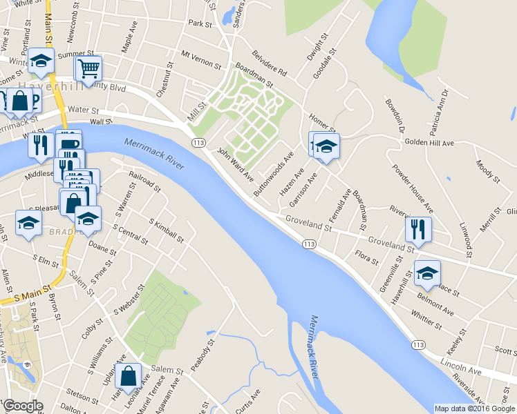 map of restaurants, bars, coffee shops, grocery stores, and more near Water Street in Haverhill
