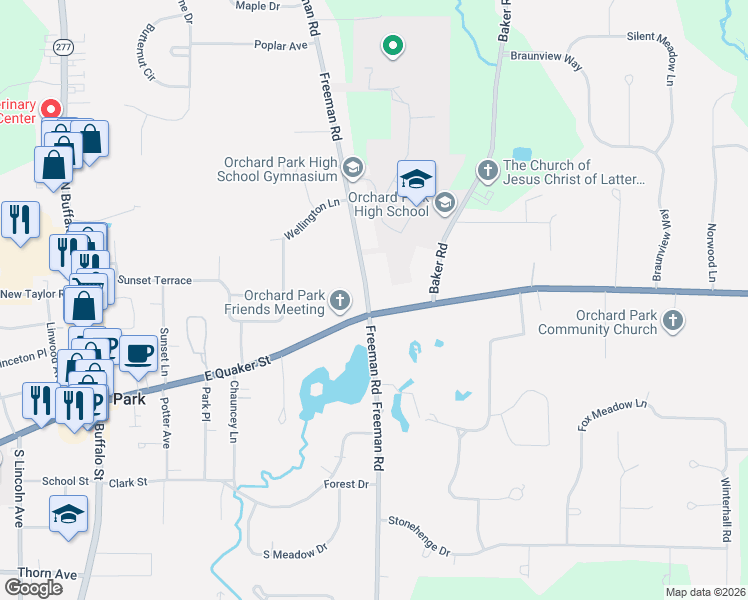 map of restaurants, bars, coffee shops, grocery stores, and more near 4123 Freeman Road in Orchard Park