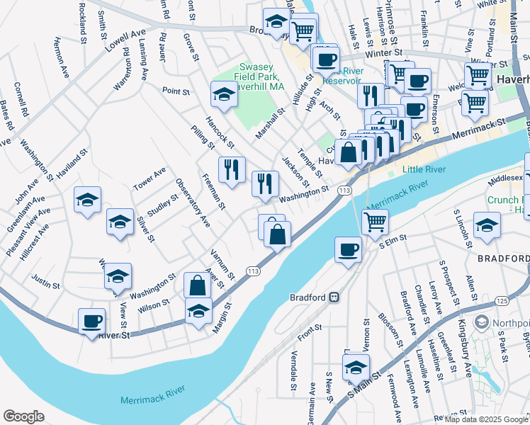 map of restaurants, bars, coffee shops, grocery stores, and more near 350 1/2 Washington Street in Haverhill