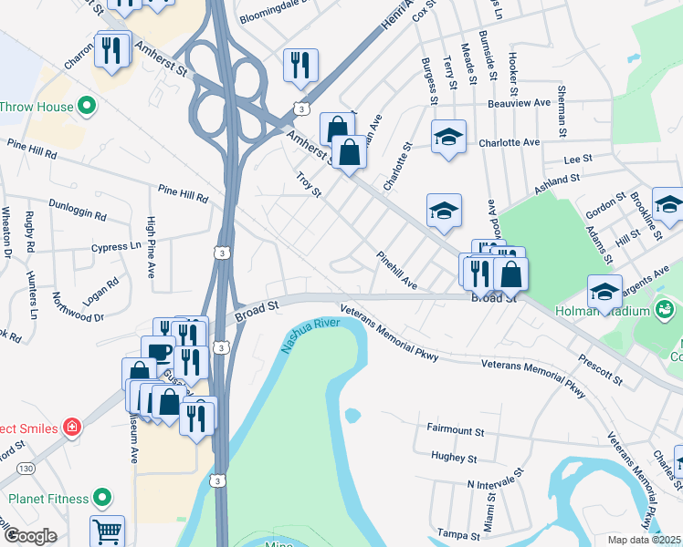map of restaurants, bars, coffee shops, grocery stores, and more near 22 Berkshire Road in Nashua