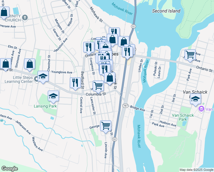 map of restaurants, bars, coffee shops, grocery stores, and more near 224 Remsen Street in Cohoes