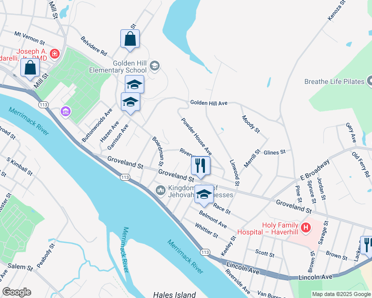 map of restaurants, bars, coffee shops, grocery stores, and more near 70 Powder House Avenue in Haverhill