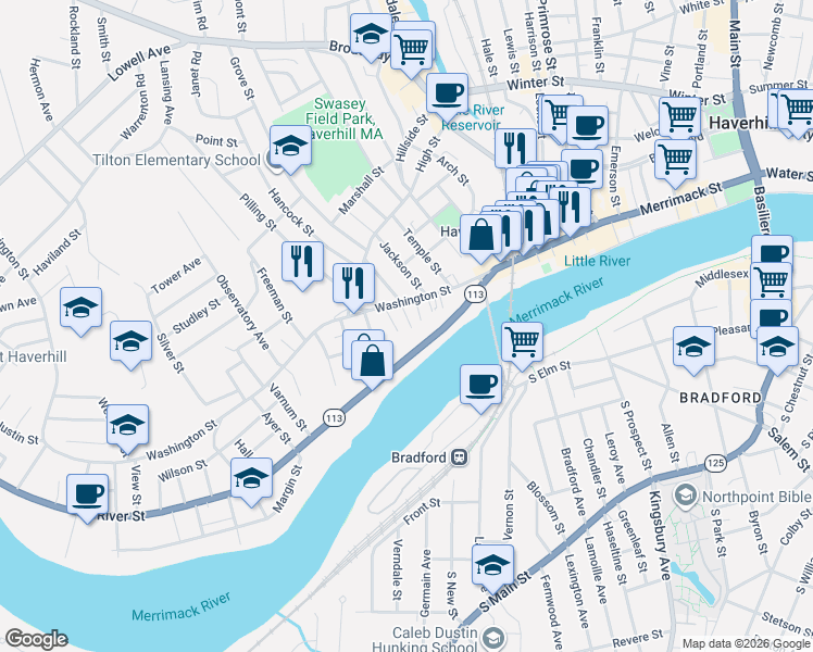 map of restaurants, bars, coffee shops, grocery stores, and more near 8 Davenport Street in Haverhill