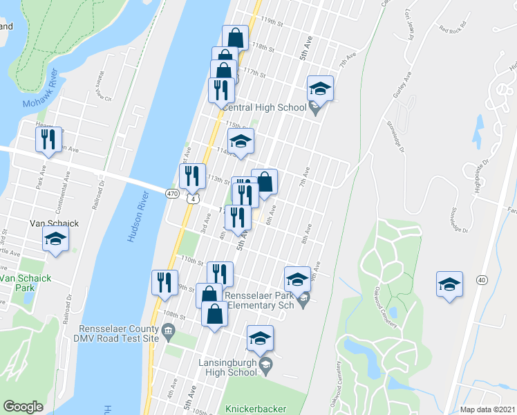 map of restaurants, bars, coffee shops, grocery stores, and more near 491 East Park Place in Troy