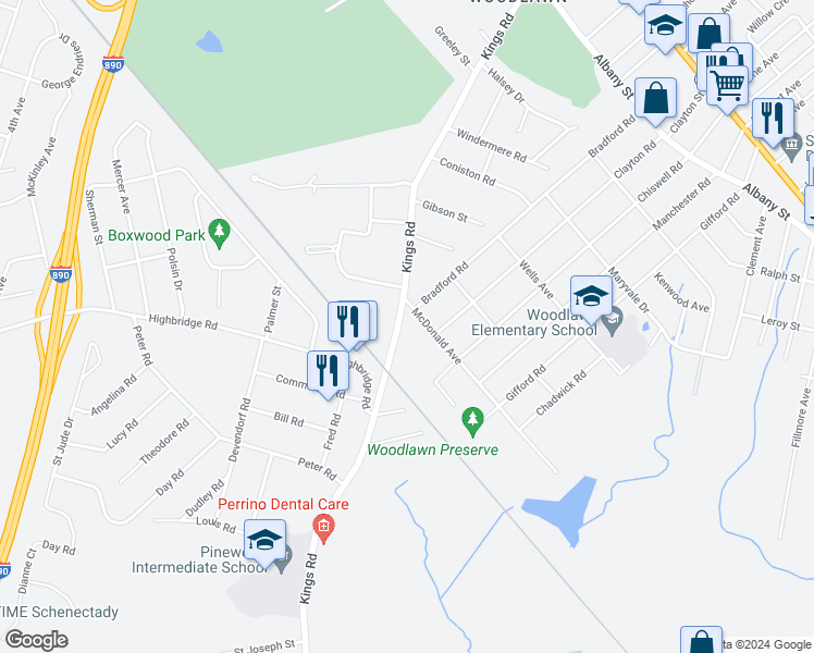 map of restaurants, bars, coffee shops, grocery stores, and more near 3055 McDonald Avenue in Schenectady