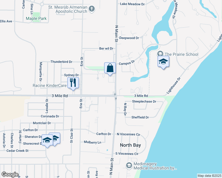 map of restaurants, bars, coffee shops, grocery stores, and more near 420 3 Mile Road in Racine