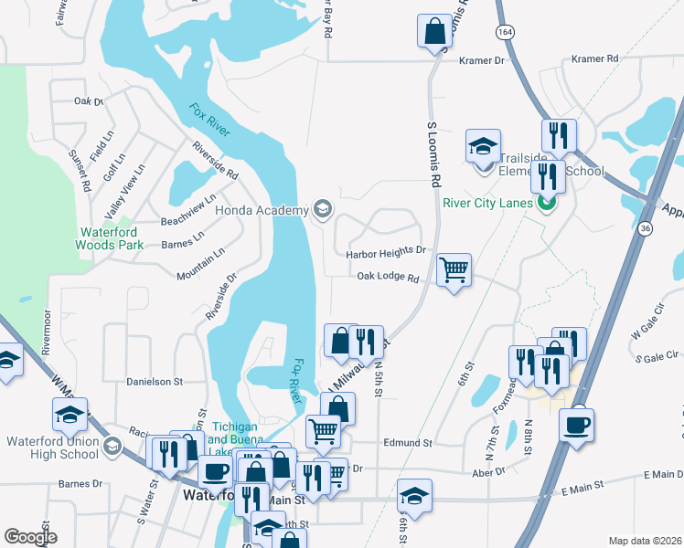 map of restaurants, bars, coffee shops, grocery stores, and more near 400 Oak Lodge Road in Waterford
