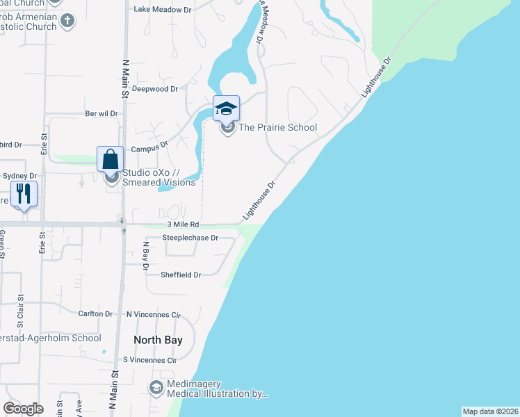 map of restaurants, bars, coffee shops, grocery stores, and more near 4021 Lighthouse Drive in Wind Point