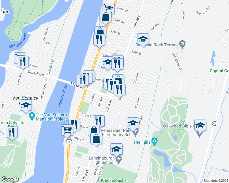 map of restaurants, bars, coffee shops, grocery stores, and more near 486 5th Avenue in Troy