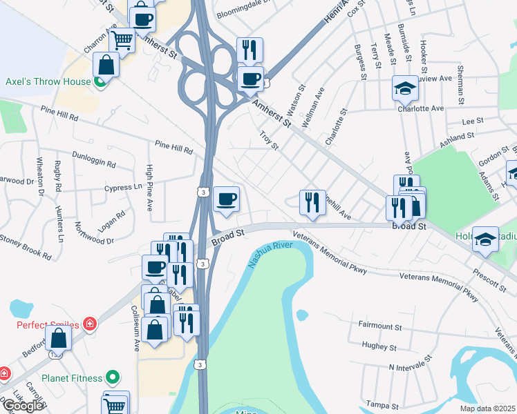map of restaurants, bars, coffee shops, grocery stores, and more near 5 Long Avenue in Nashua