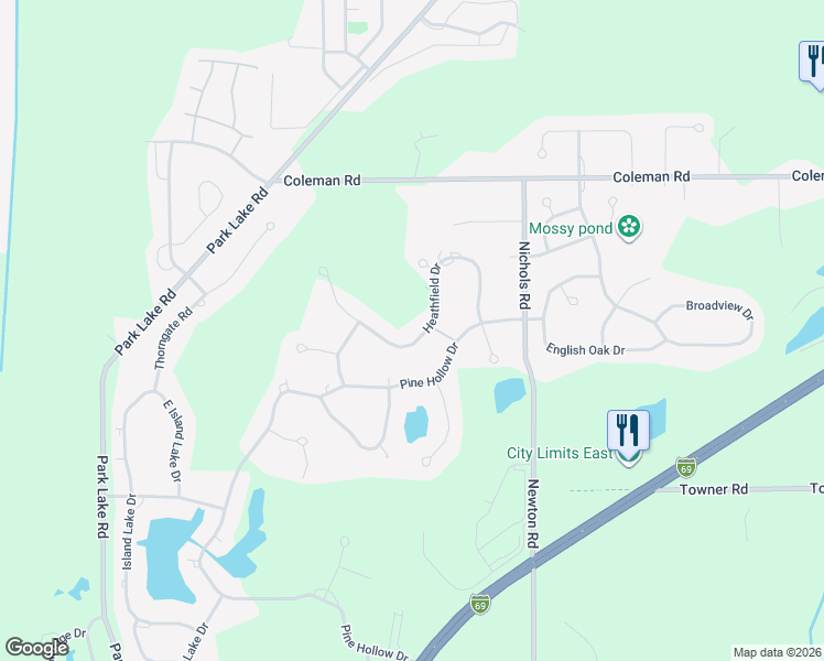 map of restaurants, bars, coffee shops, grocery stores, and more near 6231 Heathfield Drive in East Lansing