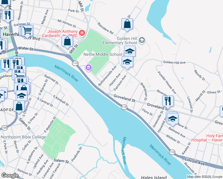 map of restaurants, bars, coffee shops, grocery stores, and more near 8 Garrison Avenue in Haverhill