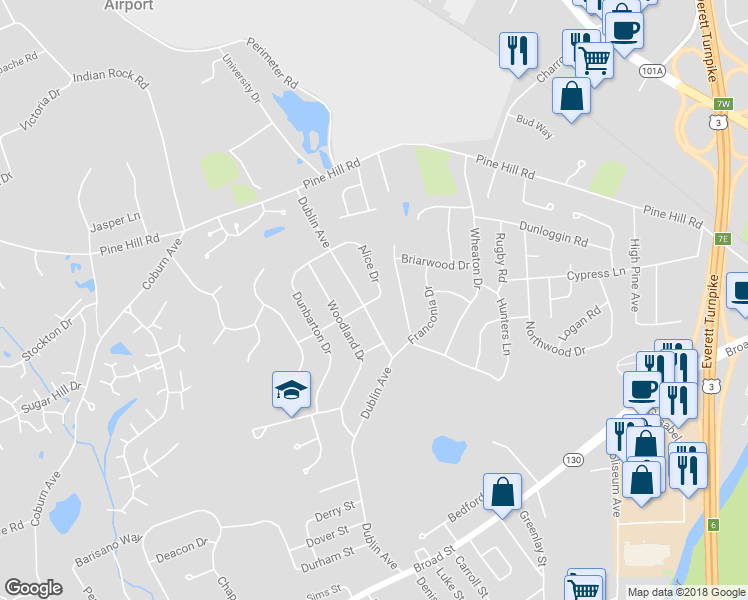 map of restaurants, bars, coffee shops, grocery stores, and more near 4 Alice Drive in Nashua