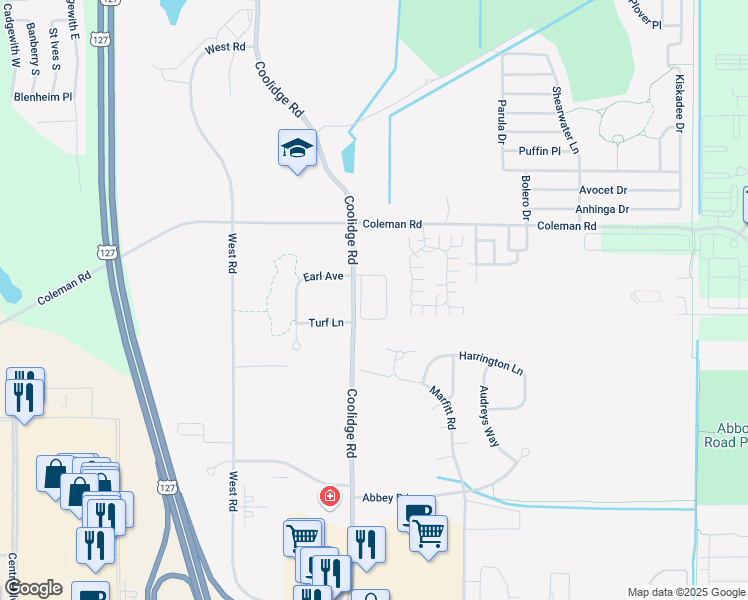 map of restaurants, bars, coffee shops, grocery stores, and more near 3500 Coolidge Road in East Lansing