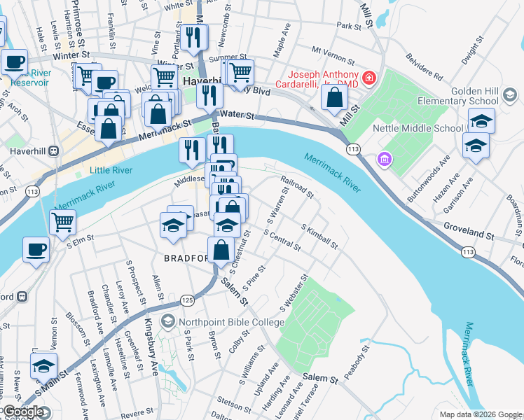 map of restaurants, bars, coffee shops, grocery stores, and more near 12 South Kimball Street in Haverhill