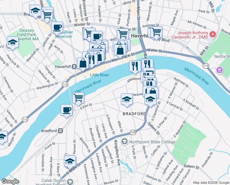 map of restaurants, bars, coffee shops, grocery stores, and more near 94 Middlesex Street in Haverhill