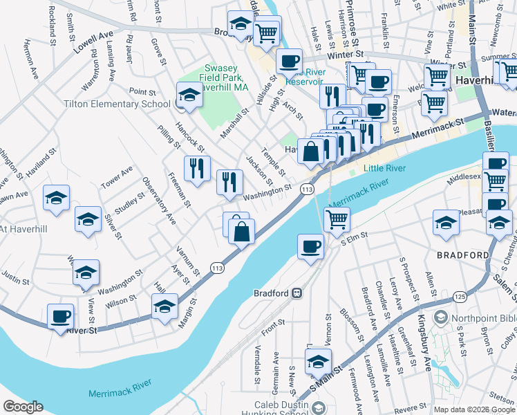 map of restaurants, bars, coffee shops, grocery stores, and more near 8 Davenport Street in Haverhill