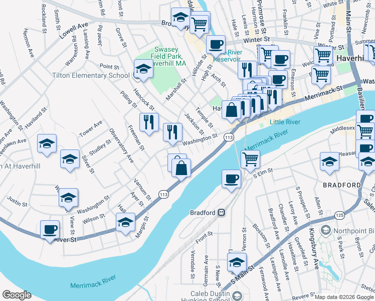 map of restaurants, bars, coffee shops, grocery stores, and more near 8 Davenport Street in Haverhill