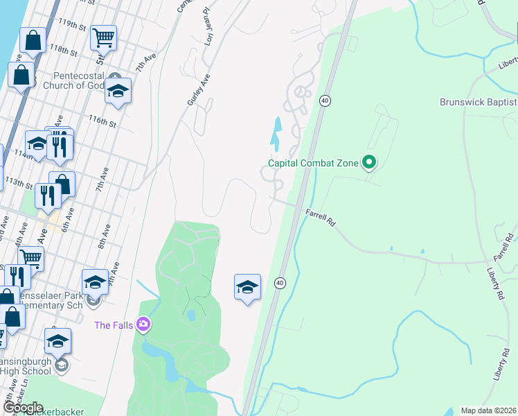 map of restaurants, bars, coffee shops, grocery stores, and more near 18 Stoneledge Drive in Troy