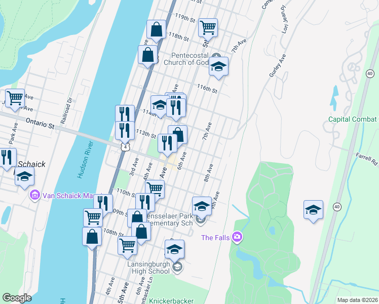 map of restaurants, bars, coffee shops, grocery stores, and more near 44 113th Street in Troy