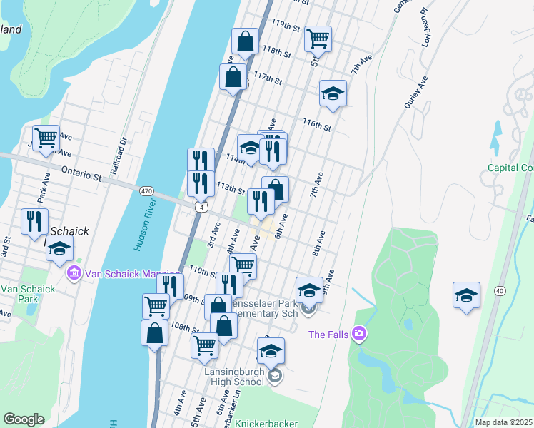 map of restaurants, bars, coffee shops, grocery stores, and more near 491 East Park Place in Troy