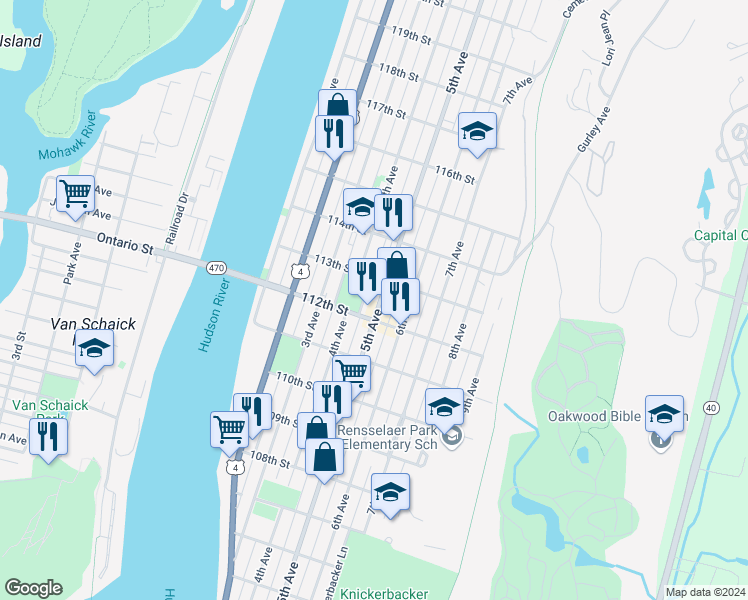 map of restaurants, bars, coffee shops, grocery stores, and more near 491 East Park Place in Troy