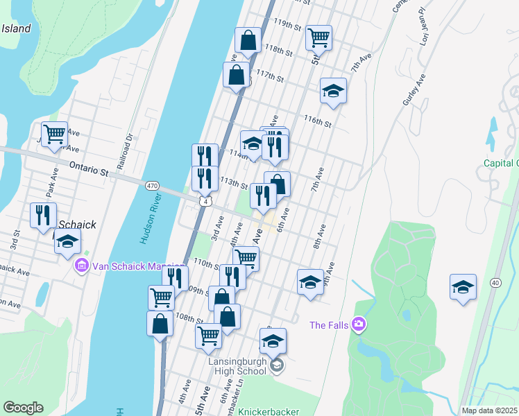 map of restaurants, bars, coffee shops, grocery stores, and more near 491 East Park Place in Troy
