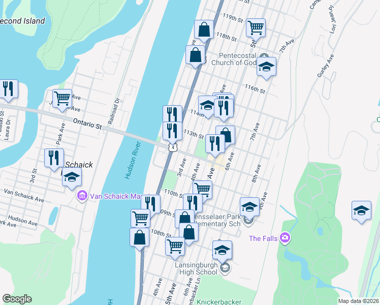 map of restaurants, bars, coffee shops, grocery stores, and more near 484 West Park Place in Troy