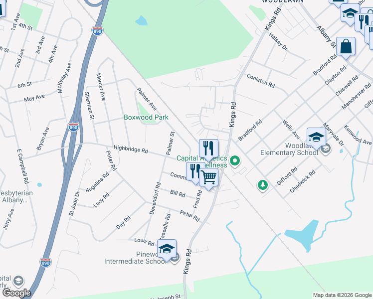 map of restaurants, bars, coffee shops, grocery stores, and more near 117 East Palmer Avenue in Schenectady