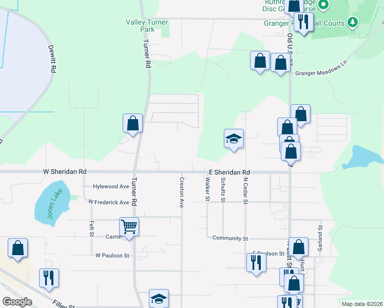 map of restaurants, bars, coffee shops, grocery stores, and more near 211 East Sheridan Road in Lansing