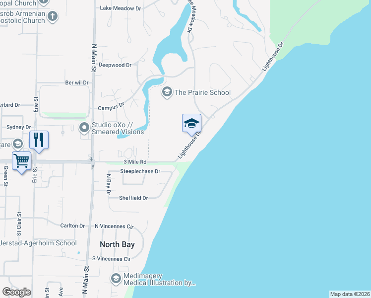 map of restaurants, bars, coffee shops, grocery stores, and more near 4021 Lighthouse Drive in Wind Point